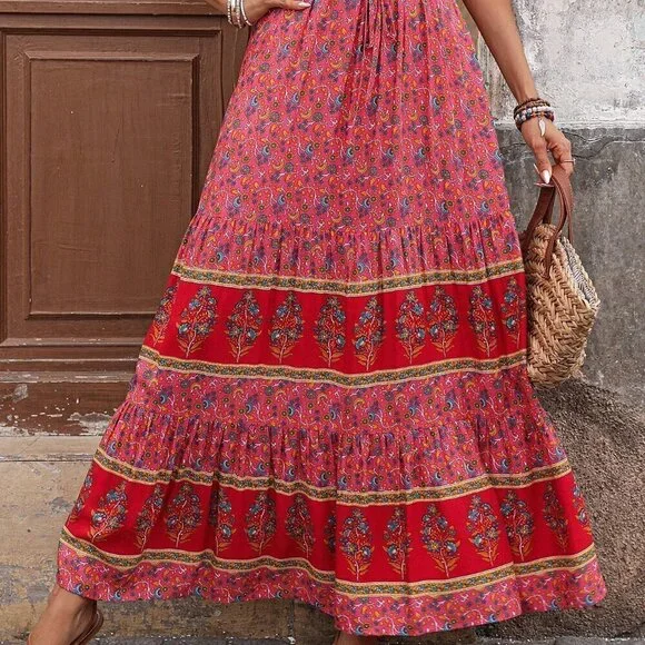 Pink Boho Women's Color Block Butterfly Printed Maxi A-Line Skirt For Vacation - Picture 6 of 6